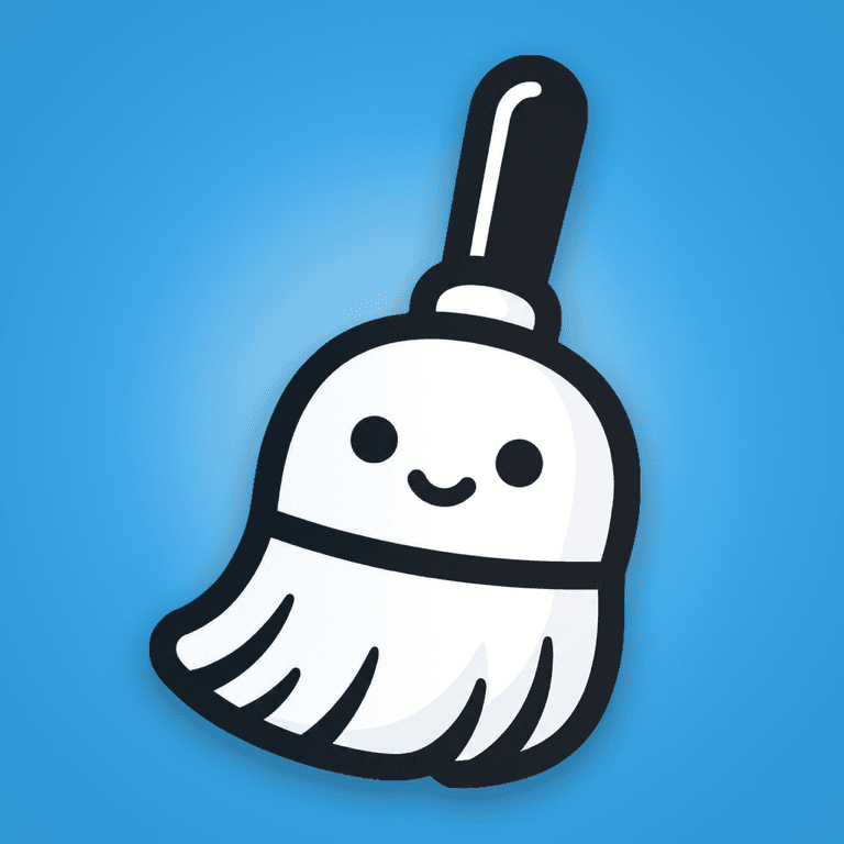 Wipzie app icon: a smiling broom mascot on a sky-blue background