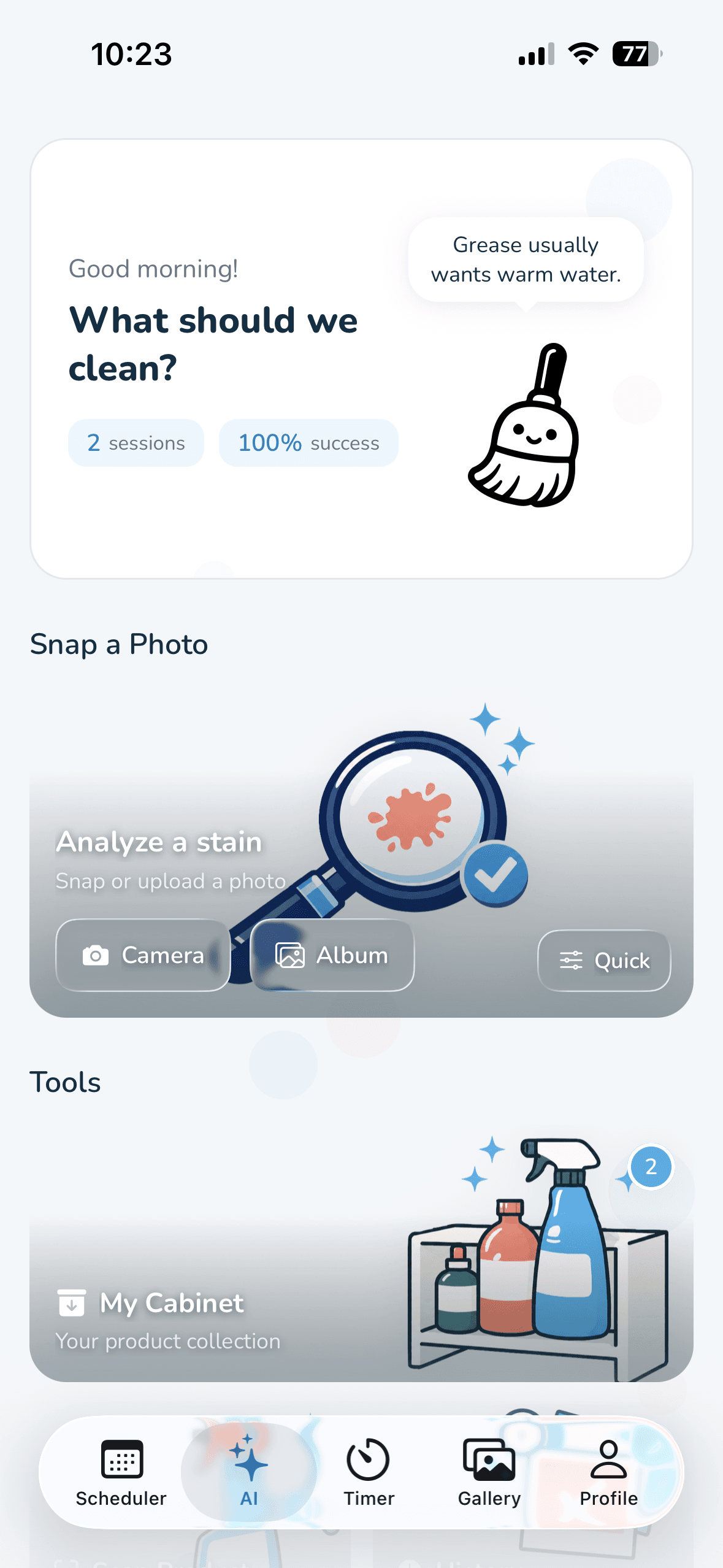Wipzie AI assistant: snap a photo to analyze a stain, with quick access to the product cabinet.