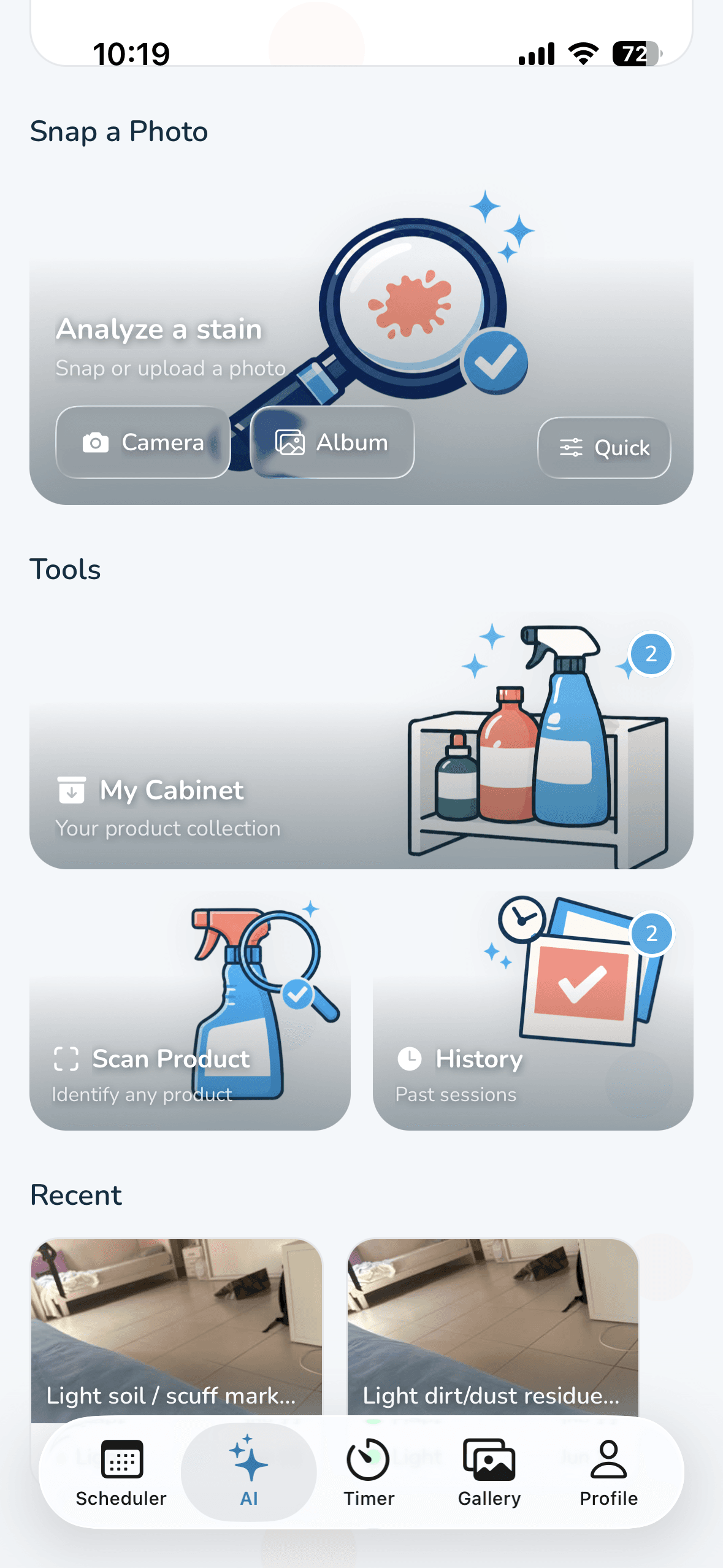 Wipzie AI assistant: snap a photo to analyze a stain, with quick access to the product cabinet.