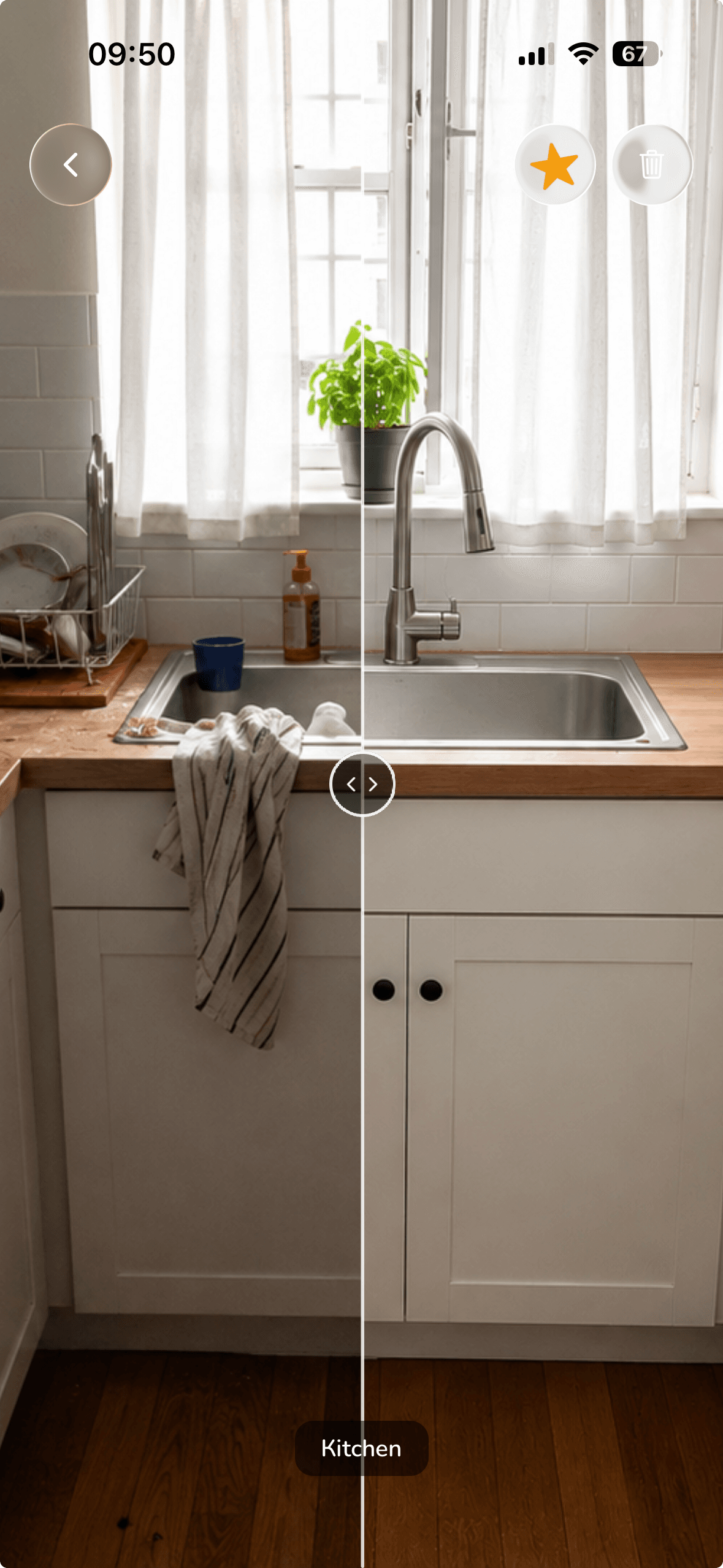 Wipzie before-and-after gallery: a kitchen photo split by a draggable comparison slider.