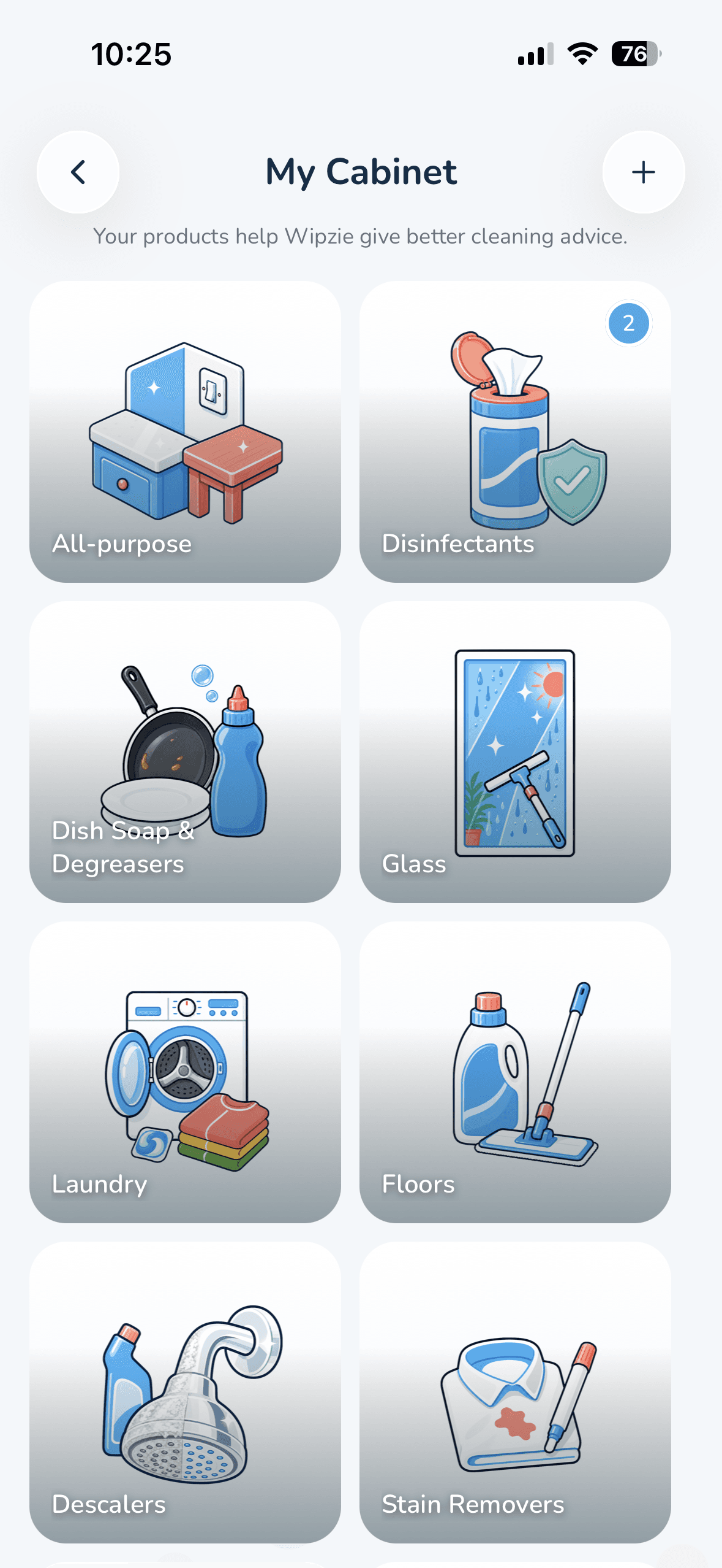 Wipzie product cabinet: cleaning products organized by category.