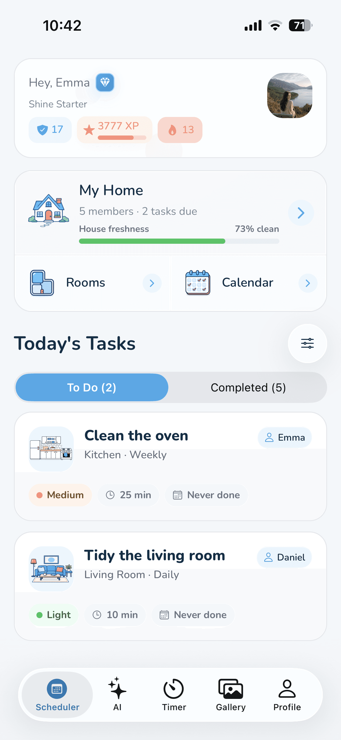 Wipzie scheduler home: today's chore list with XP and streak counters and a house freshness score.