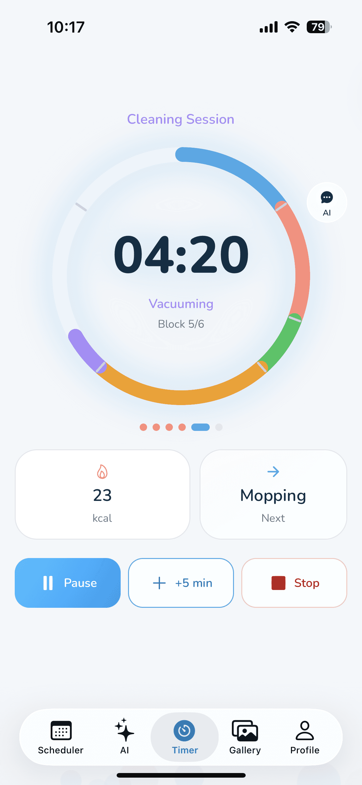 Wipzie cleaning timer mid-session: progress ring during vacuuming with live calories and the next block queued.