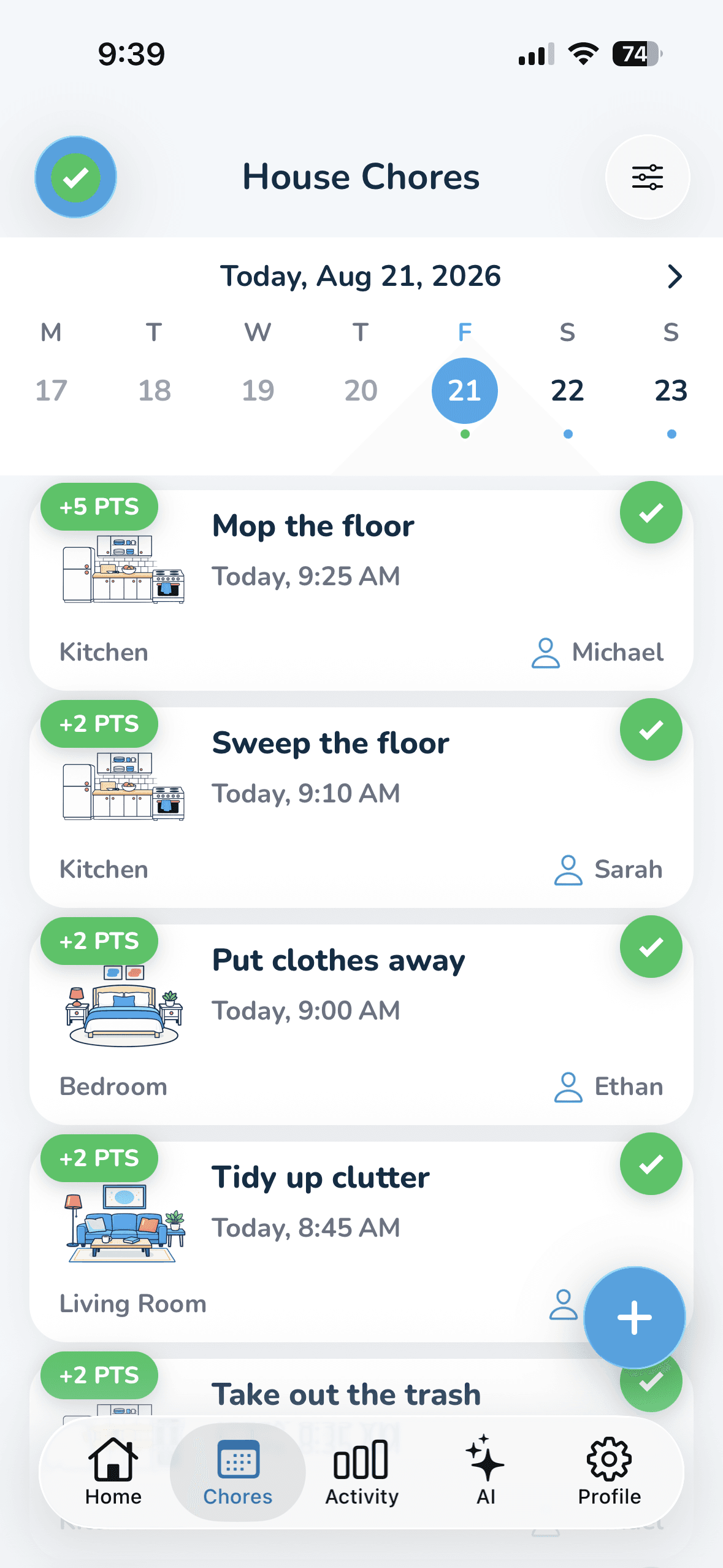 Wipzie completed view: today's finished chores with the points each one earned and who completed it.