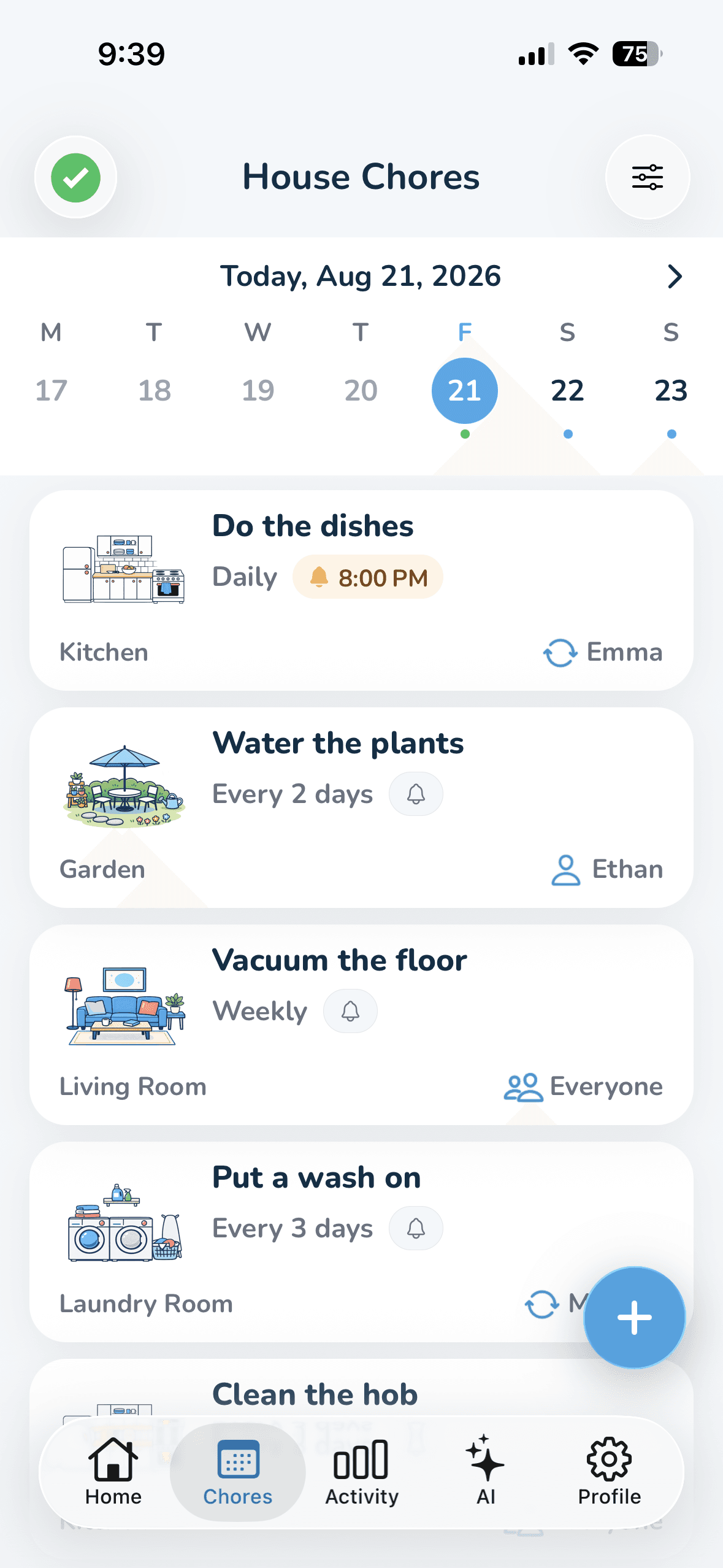 Wipzie chores tab: a scrollable week calendar strip above the chores scheduled for the selected day, each showing its room, frequency, reminder, and assignee.