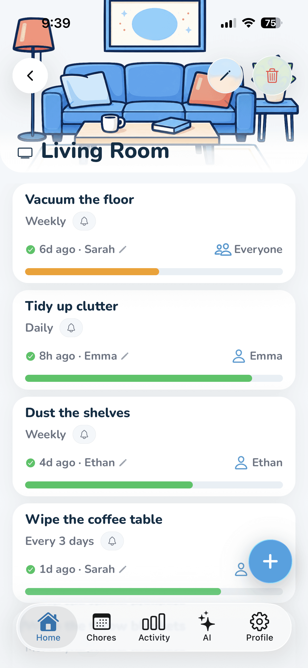 Wipzie room detail: a room hero image above its chore list, each chore showing its frequency, reminder time, assignee, and freshness bar.