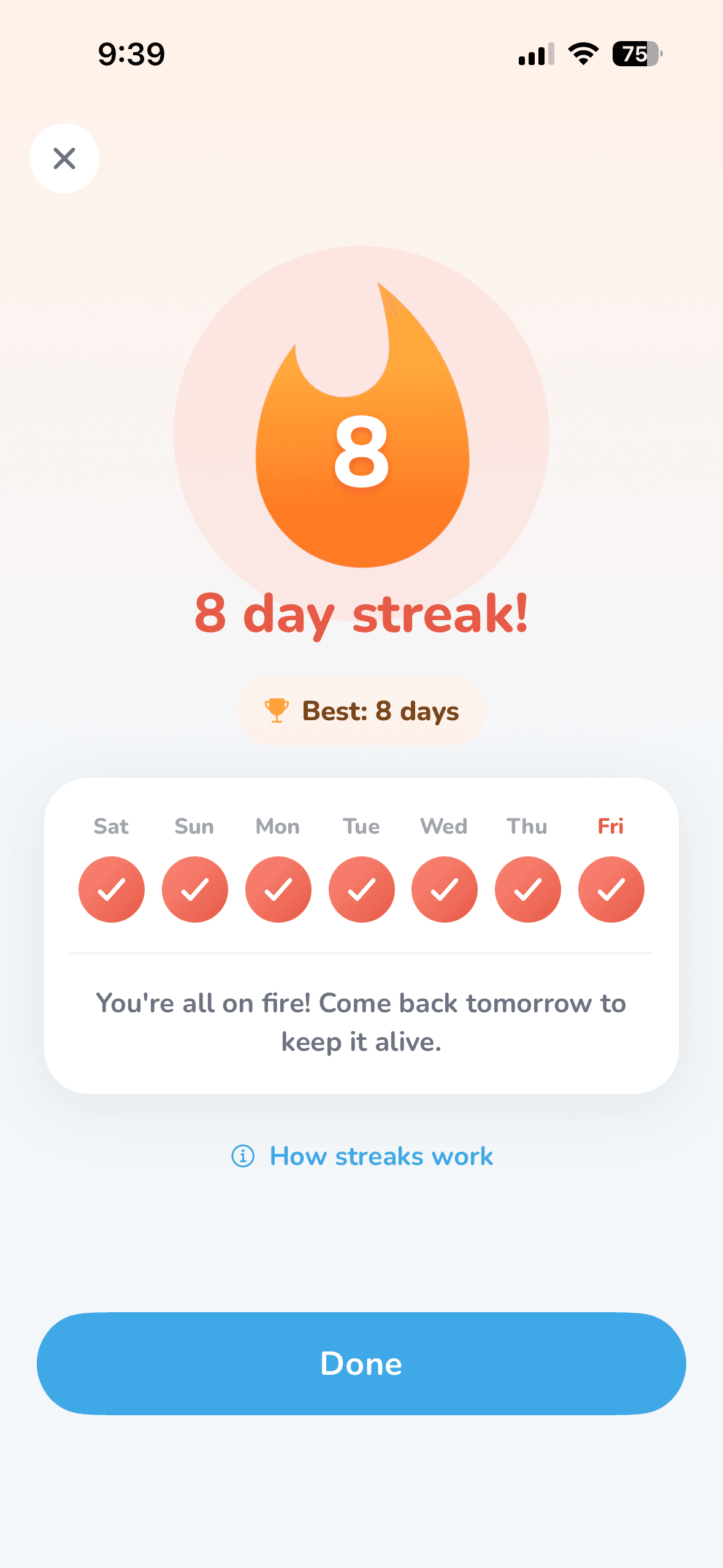 Wipzie streak detail: a large flame with the current day streak, a personal best pill, and a seven-day week strip.